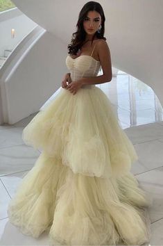 Daffodil Princess A Line Spaghetti Straps Layers Tulle Prom Dresses Unique Formal Dress - Prom Dresses Layered Tulle Prom Dress, Prom Slay, Unique Formal Dresses, Yellow Evening Dresses, Tulle Prom Dresses, Cheap Prom Dresses Long, Formal Ball Gown, Modest Prom, Prom Dresses 2019