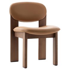 a wooden chair with a tan leather seat and back rest on an isolated white background