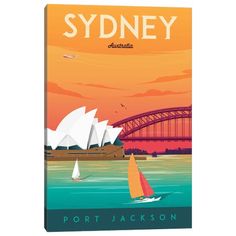 an australian poster with the sydney opera on it's side and sailboats in the water