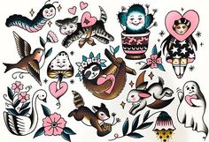 an assortment of tattoos with animals and flowers on them, including hearts, cats, birds, and other things