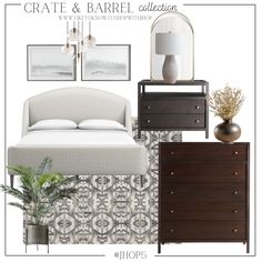 a bedroom with white and brown furniture and pictures on the wall above it that says crate & barrel collection