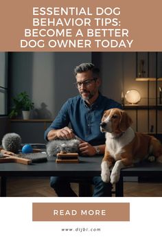 a man sitting at a table with his dog in front of him and the words, essential