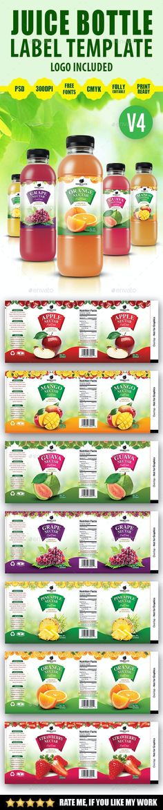 an ad for juice bottle label template with different labels and colors on the back side