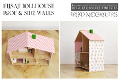 two pictures of a dollhouse with pink and white checkered fabric on the walls