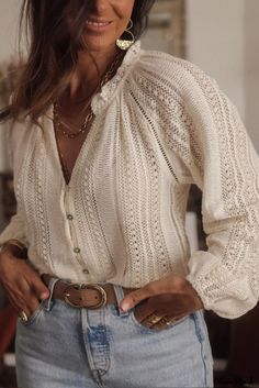 Olivia Mark - V-Neck Button Up Shirt - Plus Size, Lace Hollow Out Design Sezane Bianca Blouse, Womens Button Up Sweaters, Lace Back Sweater, V Neck Lace Sweater, V Nevk Sweater, Knitted Sweater With Lace, Womens Casual Blouses, Womens Blouses Fall, Laced Up Shirt