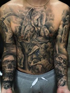 a man with many tattoos on his back and chest, all covered in skulls and angels