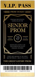 a ticket for a concert with the words senior prom written in black and gold on it