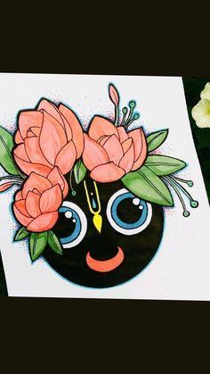 a drawing of a black cat with flowers on it's head, and eyes