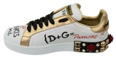 Dolce & Gabbana Gorgeous, brand new with tags 100% Authentic Dolce & Gabbana leather sneakers. Modell: Sneakers Color: White and gold with pink Roses sequined Material: 100% Leather Motive: Floral red Roses Crystals: Clear Sole: Rubber Logo details Made in Italy Very exclusive and high craftsmanship Dolce Gabbana Sneakers, Gold Backdrop, Boot Pumps, Short En Jean, Pump Sandals, Dominican Republic, Dolce & Gabbana, Shoulder Tote, Sneakers Shoes