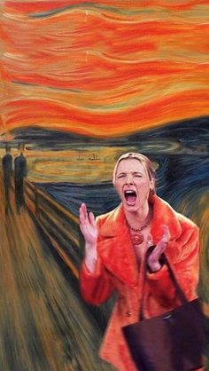 a woman in an orange jacket holding a black bag and screaming with her mouth wide open