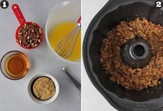 two pictures side by side one shows ingredients in a pan and the other shows how to make an oatmeal cake