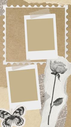 an old photo frame with flowers and two butterflies on it, next to postage stamps