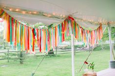 colorful streamers are hanging from the roof of a tent at an outdoor event with grass and trees in the background