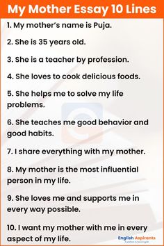 10 lines about my mother English Composition, My First Teacher, 10 Sentences, I Love My Mother, English Grammar For Kids, Grammar For Kids