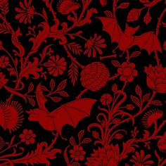 a red and black wallpaper with birds, flowers and plants on it's sides