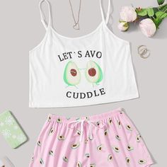 Avocado & Letter Print, Spaghetti Strap The Elastic Waistband And Drawstring Decoration On Short Suitable For Casual, Home, Spa, Party, Vacation, Honeymoon, Etc Sleep In Style And Cozy Comfort With These Cute Cami Top And Short Sets Cute Cotton Sleepwear With Letter Print, Cute Cotton Sleepwear For Vacation, Summer Cotton Camisole For Sleepovers, Casual Camisole For Pajama Party, Cotton Sleepwear With Spaghetti Straps For Vacation, Cute Sleepwear With Letter Print, Cute Letter Print Sleepwear For Pajama Party, Summer Sleepwear Sets With Letter Print, Summer Sleep Sets With Letter Print