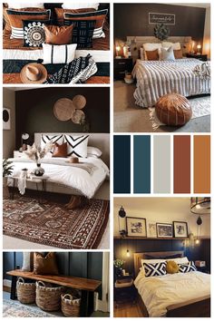 a collage of photos with different colors and furniture in the same room, including a bed