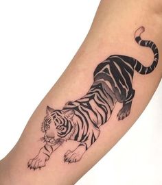 a black and white tiger tattoo on the arm