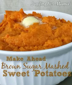 a white bowl filled with brown sugar mashed sweet potatoes