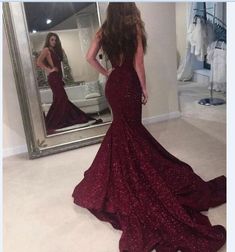 Burgundy Prom Dress Mermaid, Prom Dress V Neck, Backless Evening Gowns, Sweep Train Prom Dress, Satin Prom Dresses, Modest Prom, Dress With Sequins, Evening Party Gowns, Burgundy Prom Dress