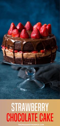 a chocolate cake with strawberries on top and the words strawberry chocolate cake above it