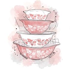 three pink bowls are stacked on top of each other, with flowers painted on them