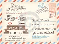 an old style save the date postcard with stamps and envelopes on striped paper