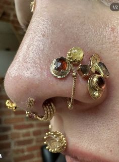 a close up of a person's nose with gold jewelry on it