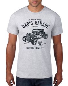 "Dad's Garage T-Shirt American Hot Rod Customize w/ Any Name Mechanic Shop Work Cool Classic Car Guy Shop Tools Grandpa Dad Father's Day Gift Customize with *Any name* 4.5 oz., preshrunk 100% combed ringspun soft cotton Sport Grey 90% cotton, 10% polyester Heather colors 65% cotton, 35% polyester T-Shirt Sizing Chart: Unisex sizes Small: Length 28\" - Width 18\" Medium: Length 29\" - Width 20\" Large: Length 30\" - Width 22\" XLarge: Length 31\" - Width 24\" XXLarge: Length 32\" - Width 26\" Thi Mechanic Shop, Car Guy Gifts, Shop Tools, Car Guys, American Shirts, Unisex Tshirt, Hot Rod, Dad To Be Shirts, Classic Car