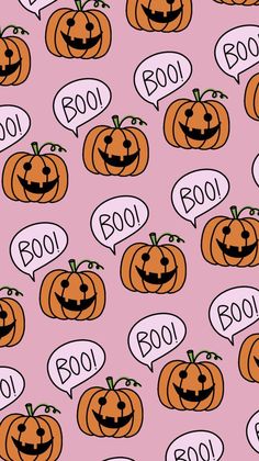 halloween pumpkins with speech bubbles on a pink background seamless wallpaper, suitable for both print and web design