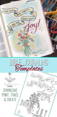 the bible journal is open and has an image of flowers on it with words that read,