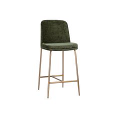 an upholstered green velvet bar stool with gold legs and backrests, viewed from the front