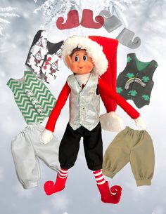 an elf doll hanging from a christmas tree with clothes on it's legs and feet