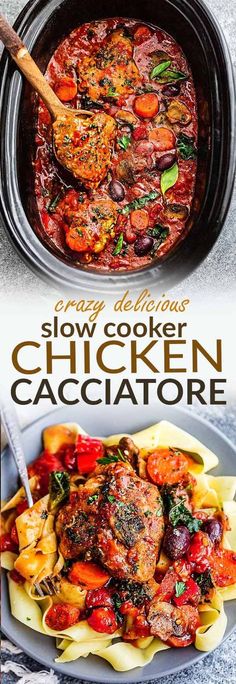 the slow cooker chicken cacciatore recipe is shown in two different images