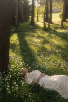 a woman laying in the grass next to a tree with her head under a tree