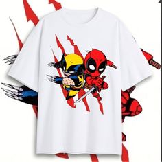 Beautiful White Polyester T-Shirt With The Incredible Image Of Wolverine And Deadpool Casual Cartoon Print Shirt For Fan Conventions, White Graphic Print Shirt, White Tops With Pop Culture Character Print, White Pop Culture Tops With Character Print, White Shirt With Character Print For Fans, Themed White Tops With Character Print, Casual Sublimation Print Shirt For Fan Conventions, White Themed Cotton T-shirt, Casual Shirt With Sublimation Print For Fan Conventions