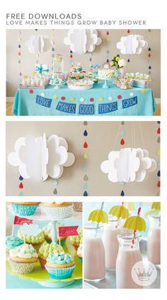 a baby shower party with cupcakes, cake and decorations