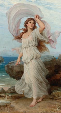 a painting of a woman in a white dress on the beach with her hair blowing