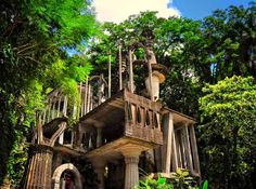 an old house in the middle of some trees and bushes with stairs leading up to it