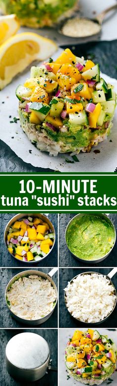 the steps to make tuna sushi stacks with avocado and mango salsa are shown