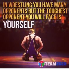 a wrestler sitting on the ground with his back turned to the camera, saying in wrestling you have many opponents but the toughest opponent you will face is yourself