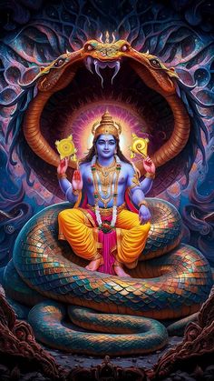 the hindu god sitting on top of a snake