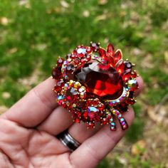 Red Rhinestone Brooch or Flat Back Embellishment Red and Gold Tone Ornate Red Pin AB Crystal Broach Cascading Bouquet, Wedding Brooches, Flapper Headband, Rhinestone Flats, Brooch Bouquets, Wedding Brooch, Enamel Flower, Red Rhinestone, Silver Brooch