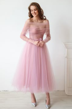 Mademoiselle Tea Length Tulle Midi Dress – JewelClues Tulle Gown Pink, Tulle Midi Dress Formal, Long Flowy Sleeve Dress, Dreamy Tulle Dress, Tea Length Pink Dress, Blush Pink Tulle Dress, Ballerina Length Dress, Long Sleeve Tea Length Dress, Cocktail Midi Dress With Sleeves