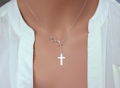 Infinity Cross Neckalce - Sterling Silver Cross Lariat Necklace - Infinity Cross Necklace - Christening gifts - Christening gifts for girls by rainbowearring on Etsy https://www.etsy.com/listing/263670177/infinity-cross-neckalce-sterling-silver Silver Infinity Clavicle Chain Jewelry, Silver Infinity Clavicle Chain Necklace, Sterling Silver Cross Pendant Charm Necklace, Silver Charm Necklace For Her, Nickel-free Silver Infinity Jewelry, Silver Cross Pendant Charm Necklaces, Silver Clavicle Chain Jewelry For Mother's Day, Silver Chain Charm Necklace As A Gift, Casual Silver Hypoallergenic Cross Pendant Jewelry