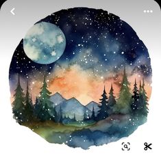 a watercolor painting with trees and the moon in the sky above it, on a white background