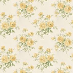 a wallpaper with yellow flowers and green leaves on white background for use in home decor