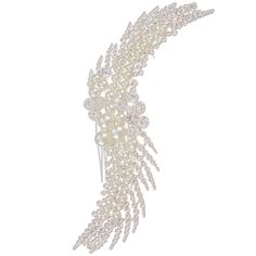 Give your big day an extra touch of elegance and enchantment with Pearl & Rhinestone Comb Head Piece. This headpiece offers shimmer, sparkle, and shine that will give your aisle style an extra boost of enhancement. Just slip the attached combs into your hair and turn even the simplest of hairstyles into something regal.     Dimensions:   Length: 5 1/2"  Width: 2"  Thickness: 1 1/4" Elegant Bedazzled Bridal Accessories For Party, Elegant White Rhinestone Headpieces, Elegant Silver Bedazzled Bridal Accessories, Elegant Bedazzled Silver Bridal Accessories, Elegant Party Hair Accessories With Rhinestones, Elegant Crystal Headpiece For Party, Elegant Crystal Hair Accessories For Party, Glamorous Rhinestone Headpiece For Wedding, Wedding Crystal Hair Accessories With Rhinestones