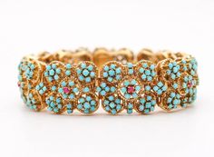 OTTAVIO MOLINA 1960 Modernist Bracelet 18Kt Gold With Blue Turquoises and Rubies For Sale at 1stDibs Colorful Bracelet, Twisted Bracelet, Gold Link Bracelet, Ruby Beads, Jewelry Workshop, Buckle Bracelet, Mesh Bracelet, Colorful Bracelets, Vintage Bracelets