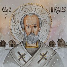 a painting of an old man with a beard and cross on his chest in the snow